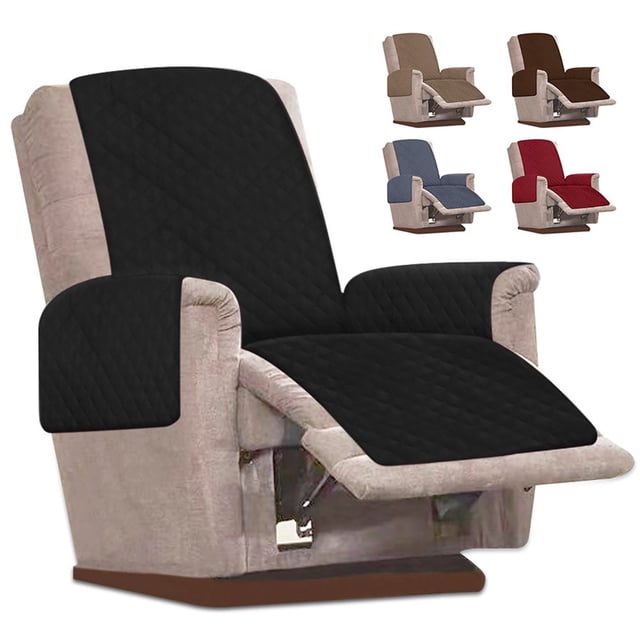 Waterproof recliner chair covers designed for armchairs and leather reclining chairs. The image shows a beige recliner fitted with a black quilted cover, featuring a plush faux suede fabric for comfort and durability. The cover includes armrest, seat, and backrest protection, with adjustable straps for a snug fit. Smaller images display additional color options, including brown, blue, and red. Ideal for protecting furniture from spills, pet fur, and stains, while adding a stylish touch to home décor.