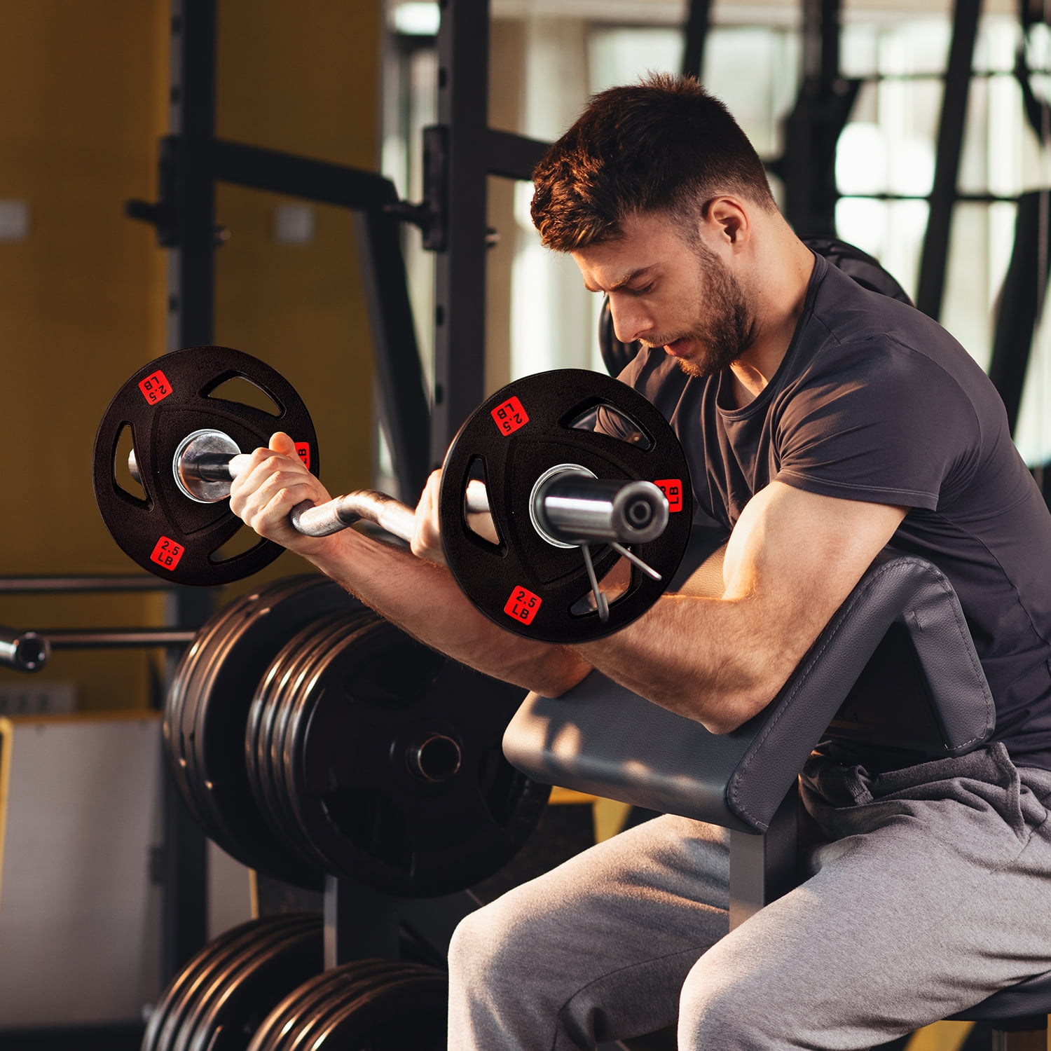 BalanceFrom Curl Barbell Set with Rubber Coated Weight Plates – 4FT EZ Curl Bar with Pair of 2.5LB, 5LB, or 10LB Plates, 2-Inch Standard, Strength Training for Home Gym