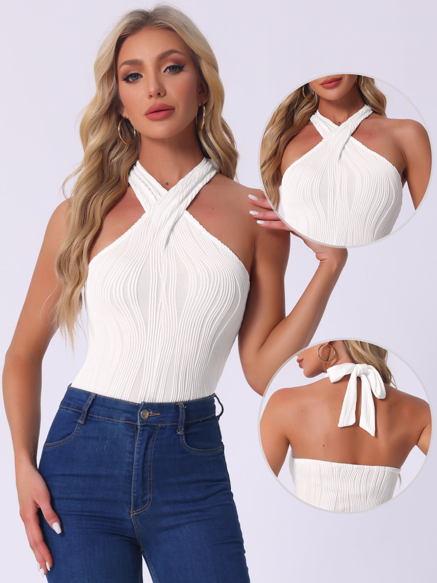 DARING DIVA Criss Cross Halter Neck Bodysuit Top Clubwear L White