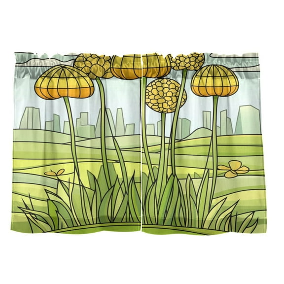 Yellow Dandelion Drawing 27"x24" Linen Look Cafe Curtain Set with Privacy and UV Protection