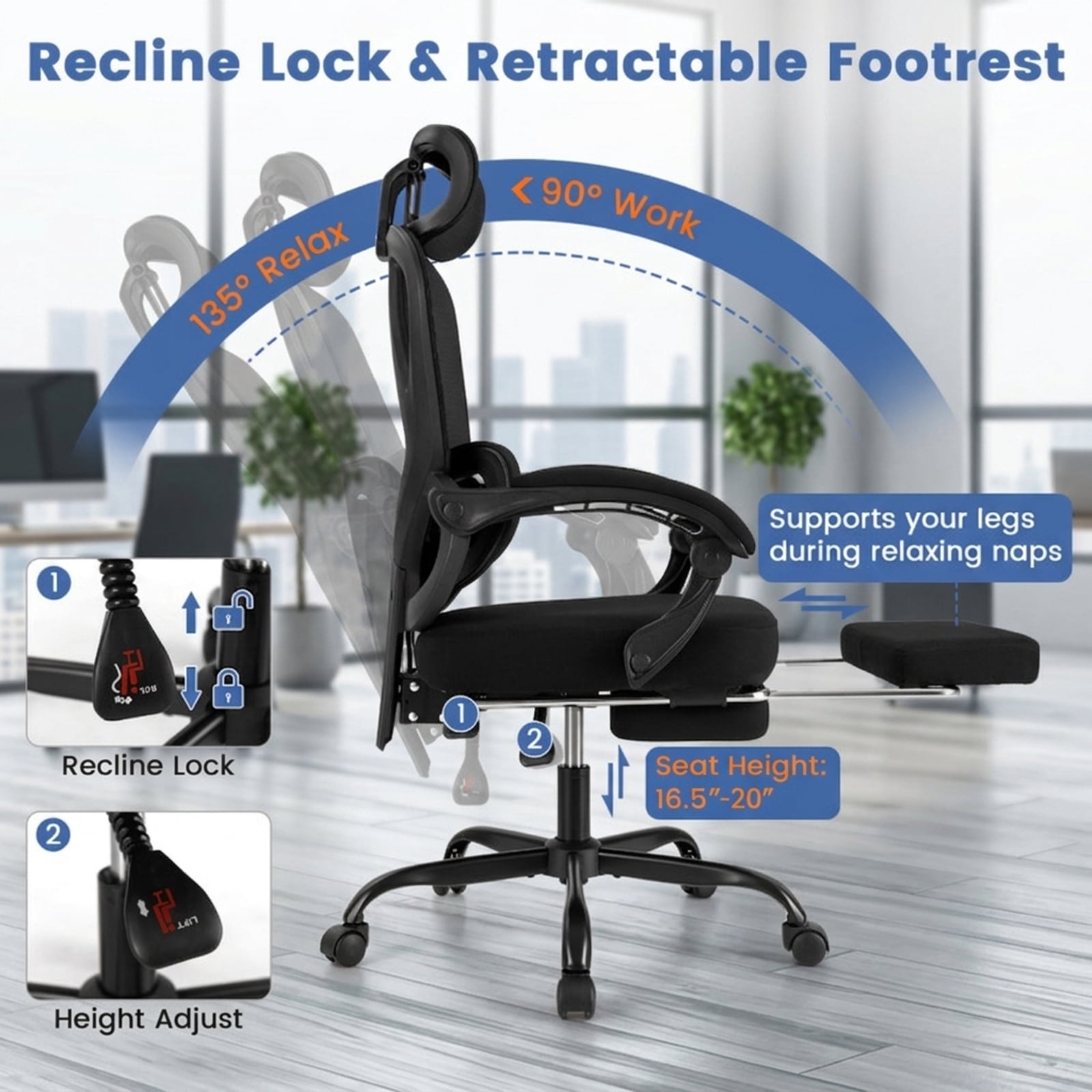 Furnibear Ergonomic Office Chair High Back Mesh Desk Chair with Retractable Footrest Adjustable Headrest and Lumbar Support, Black