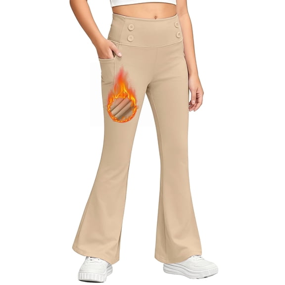 CCRFTGI Leggings for Girls 10-12 Fleece Lined Flare Athletic Yoga Pants Casual Winter Warm Bell Bottoms Pants Comfort High Waist Leggings with Pockets Khaki 12-13 Years