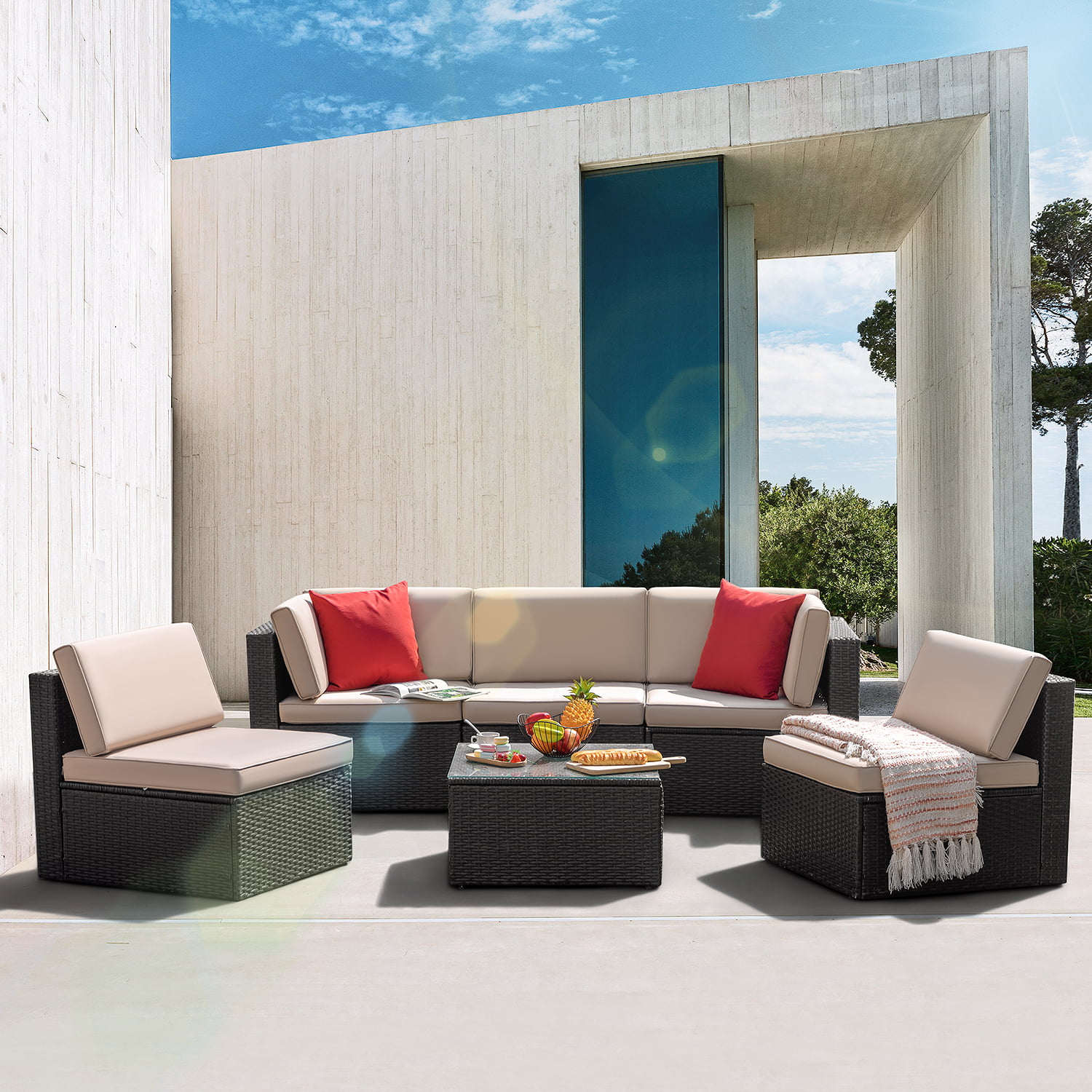 Dineli7PCSmall  Outdoor Patio Furniture Rattan Wicker Sectional Sofa Chair Set R 