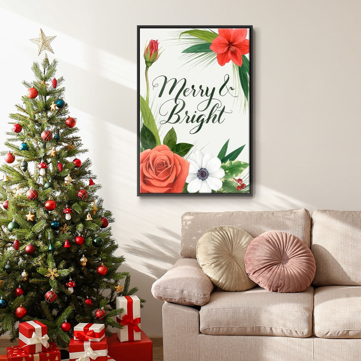 Christmas Flora Wreath Collection B - Framed Gallery Wrapped Holiday Canvas - 17 x 25 - Black Frame