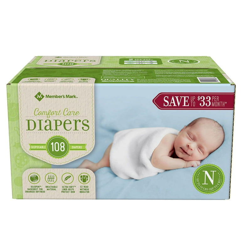 Member s Mark Comfort Care Baby Diapers Newborn Up to 10 lbs. 108 ct. Size not found Bulk Qty Free Shipping Comfortable Soft No leaking