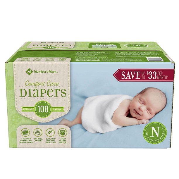 Memberâ€™s Mark Comfort Care Baby Diapers, Newborn Up to 10 lbs. (108