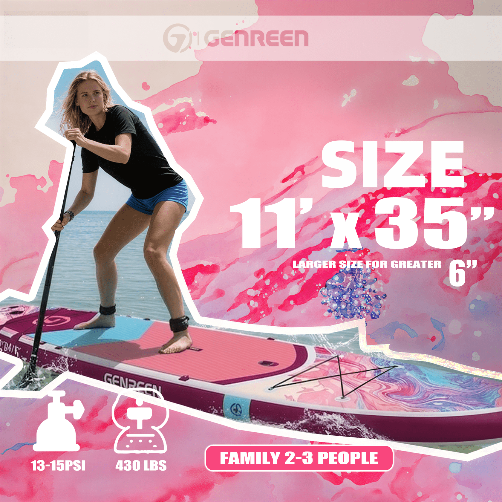 Genreen 11' Premium Inflatable Fishing Paddle Board, Stand up Paddle Board with SUP Accessories for Youth & Adult