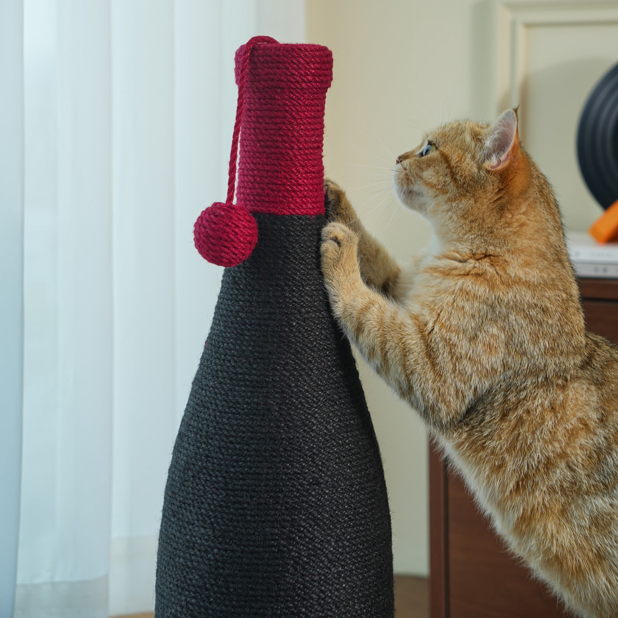 Fairela Rotating Base Sisal Rope Cat Scratching Post with Hanging Toy Ball, Brown Wine Bottle
