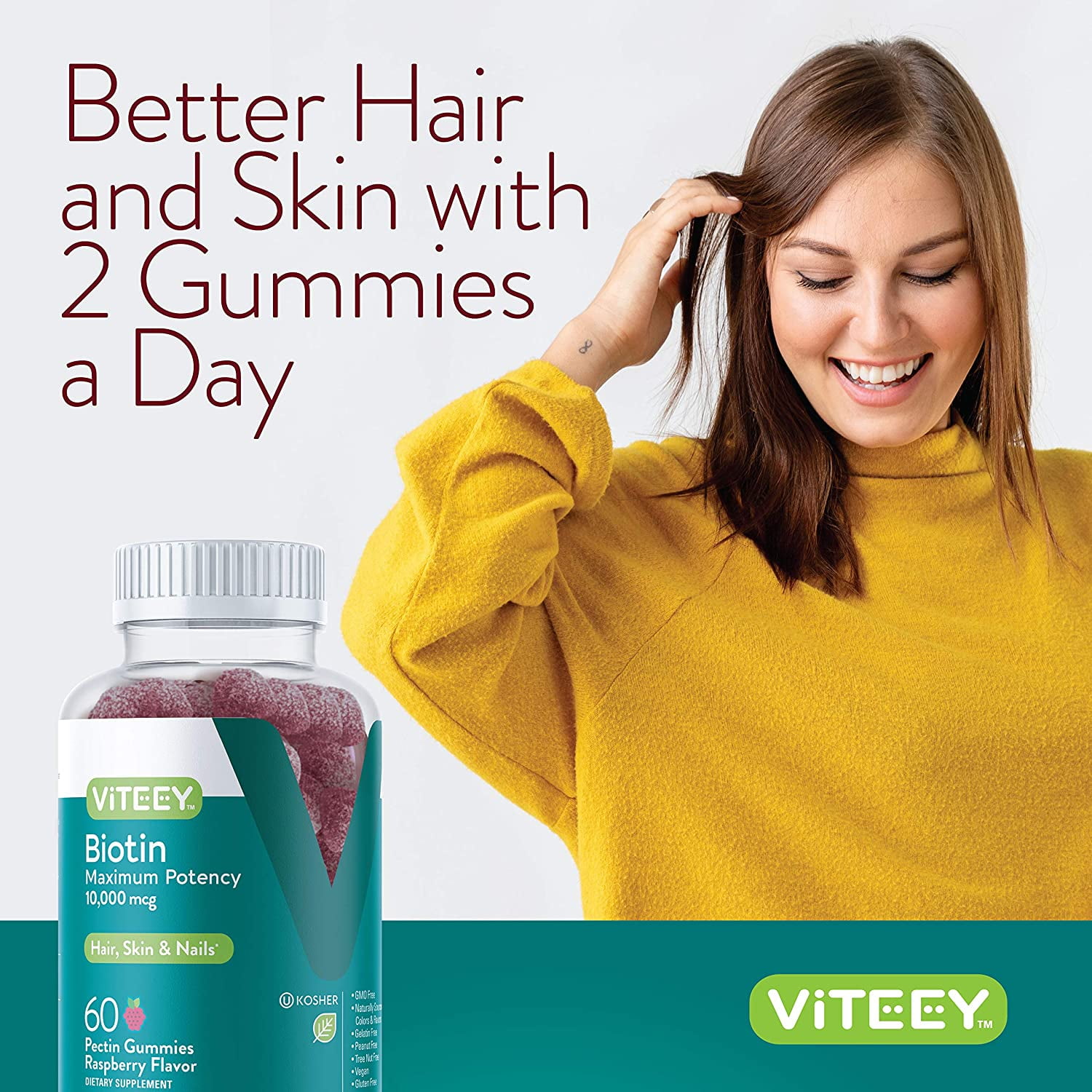 VITEEY Biotin Gummies 10,000 mcg, Hair Skin and Nails, Raspberry Flavor, 60 Count, 2 Pack