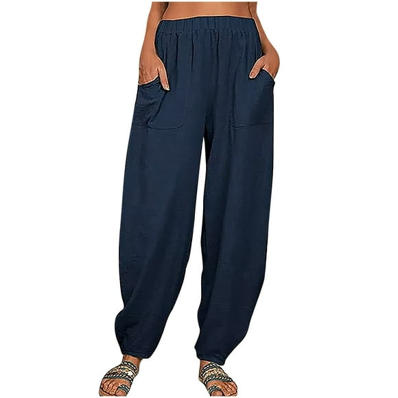 Sweatpants Women Yoga Pants Trendy Women Summer Casual Loose Fit Cotton and Linen Pocket Plain Trousers Pants Maternity Leggings Bell Bottom Jeans for Women Clearance Blue,M