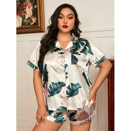 

Elegant Summer Women s Plus Short Sleeve Tropical Print Satin PJ Set 4XL(20) Multicolor F220101Y