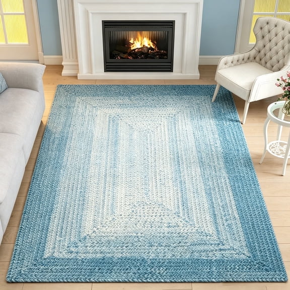WANLISELL Braided Hand Woven Rug, Braided Harmon Geometric Reversible Area Rug 5′3″ x 7′7″, Blue / Ivory