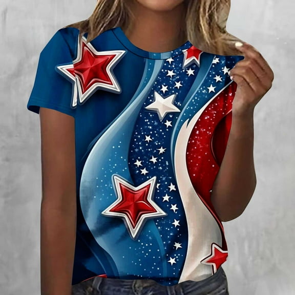 QUNYINEY Independence Day Women's T-Shirts Short Sleeve Casual Crew Neck Tops Loose Pullover Shirts