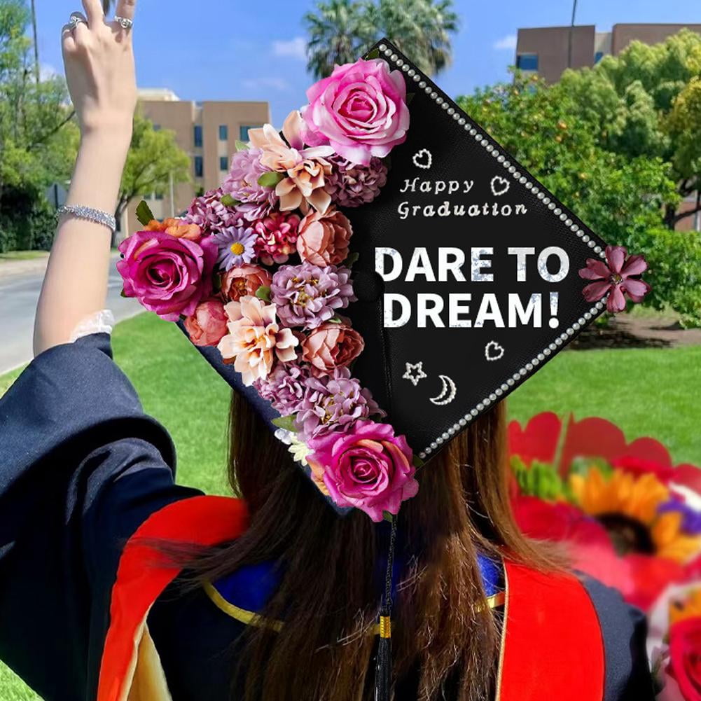 DIY Graduation Decorations Accessory Kit,Include 3D Artificial Flowers,Butterfly & Alphabet Letter Stickers,Pearl Stickers,Bowknot for DIY Hat Grad Topper Graduation Party Supplies