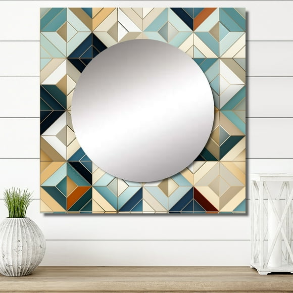 Designart "Time-Worn Charm In Beige Vintage Tiles" 0 Square Mirror For Wall Decor - Large Teal Square Mirror Printed Wall Decor - Modern Square Living Room Mirror