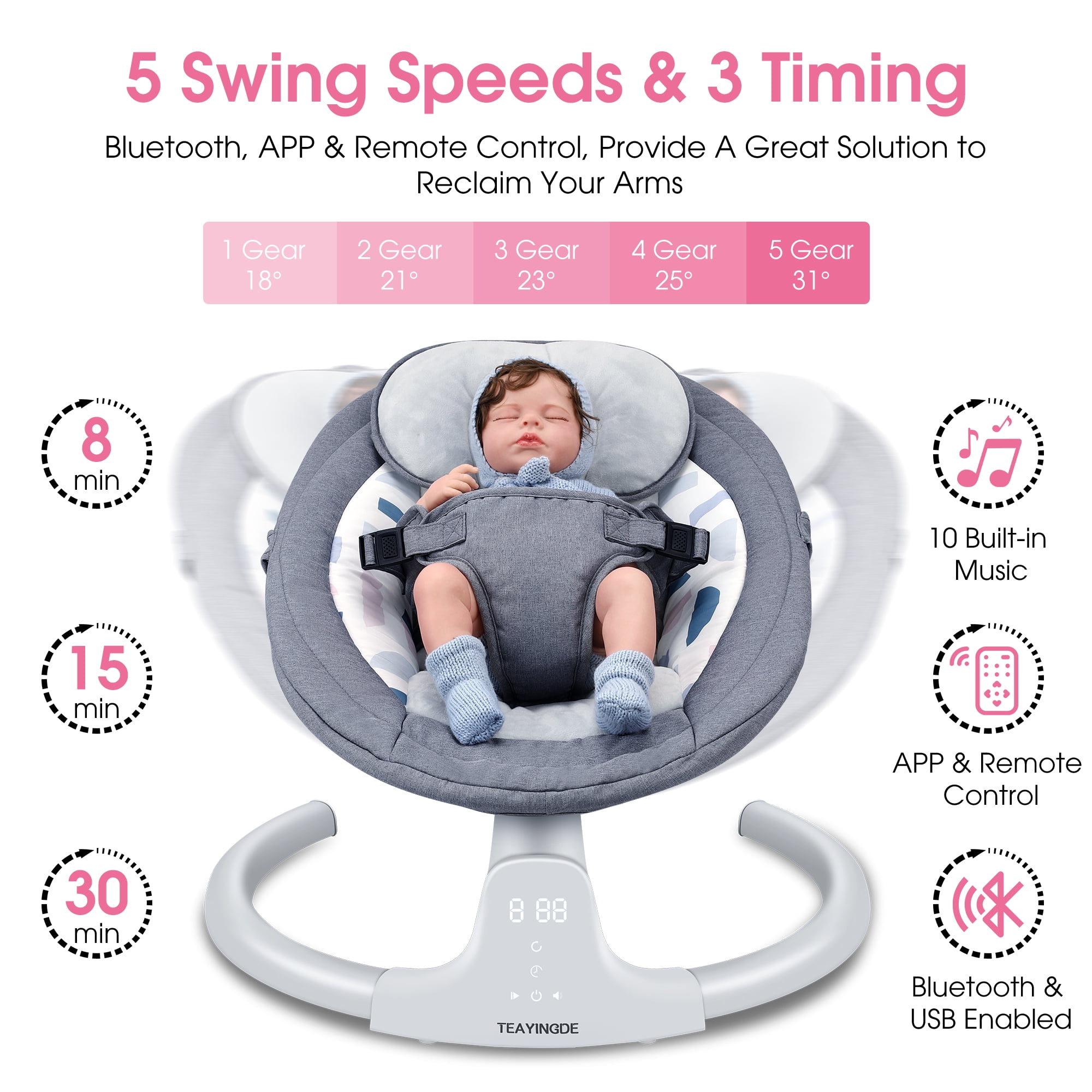 TEAYINGDE Baby Swing for Infants - APP Remote Bluetooth Control, 5 Speed  Settings, 10 Lullabies, USB Plug (Gray)