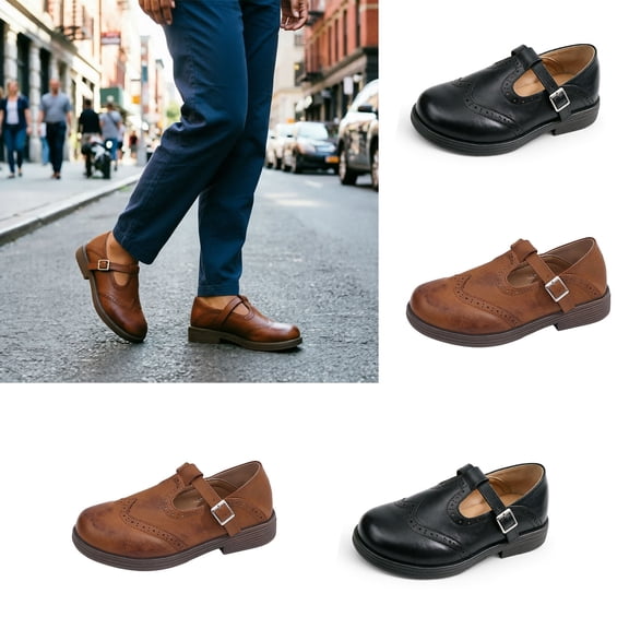 Women T-Strap Mary Jane Shoes, Vintage Faux Leather Adjustable Buckle Low Block Heel Flats, Non Slip Casual Flats Brown 9.5(43)