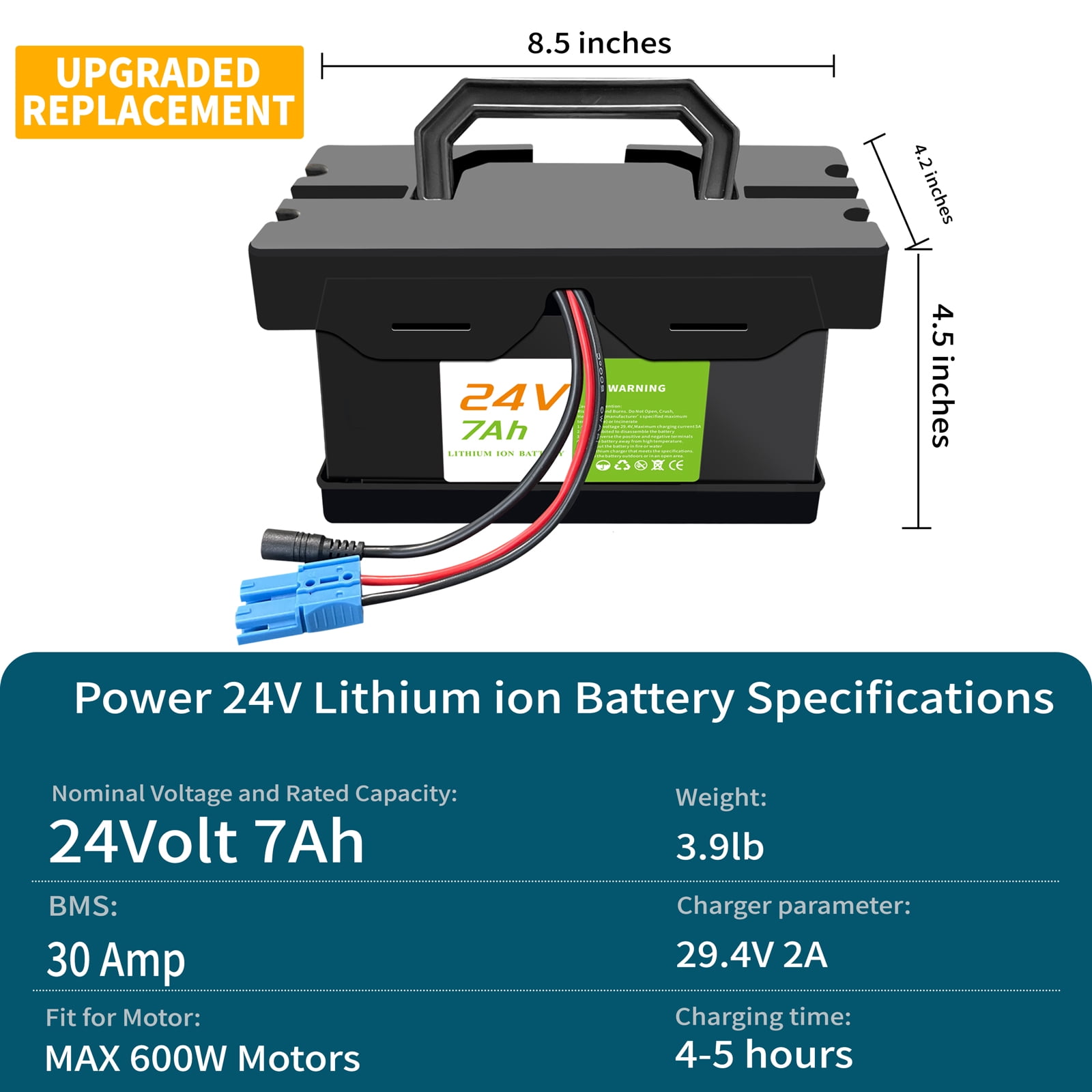 24V 7AH Lithium Battery for Ride-On Cars & Toys, Compatible with Dynacraft Realtree 24V UTVs- Lightweight & Long-Lasting, with 2A Fast Charger,Size: 8.5x4.2x4.5 inches