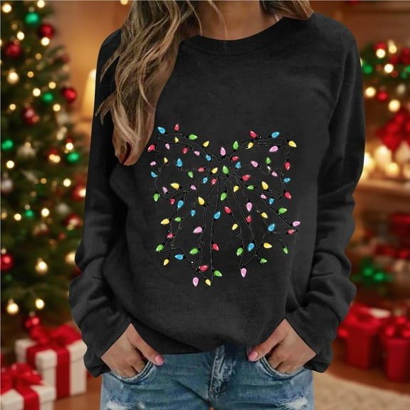 Xdegoge Christmas Sweatshirt for Women Long Sleeve Round Neck Pullover Xmas Cute Bow Print Top Casual Loose Fitting Holiday Shirts Christmas Themed Outfits