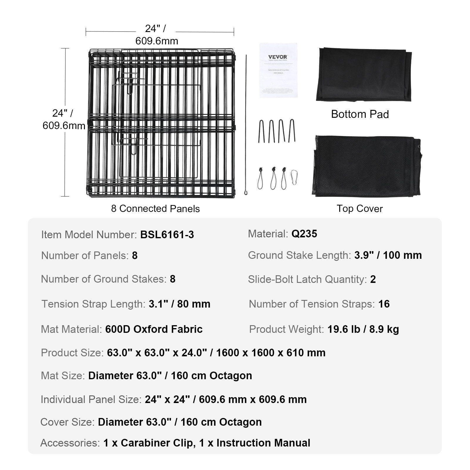 8-Panel Metal Dog Playpen with Top Cover and Bottom Pad, 24" Height Foldable Pet Fence for Small Medium Puppies, Indoor Outdoor Kennel for Camping, Yard, Apartment