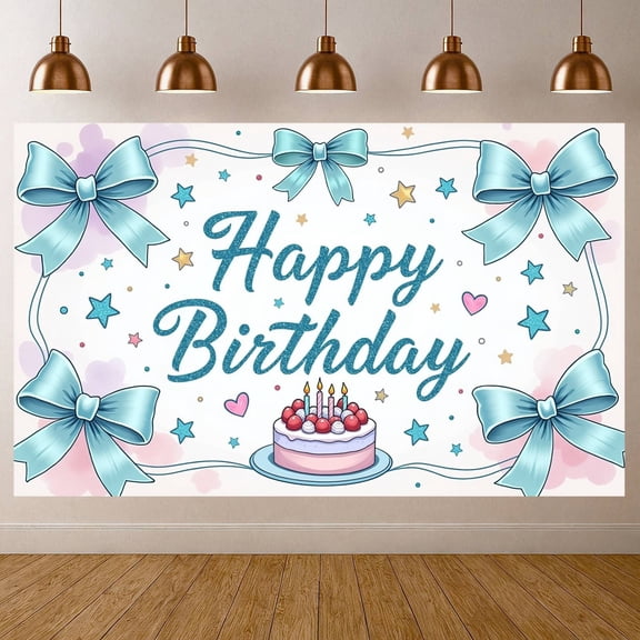 Blue Theme Banner Floral Design Party Backdrop Cake Pattern Gold Accents Celebration Backdrop for Birthday Party Indoor Decor Party Photography