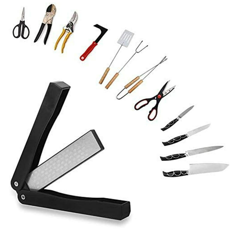 2 Pack Garden Tool Sharpener, Folding Pocket Diamond Knife Sharpener  400/600 Grit Double-Sided Scissor, Pruners, Loppers or Blade Sharpening  Stone for