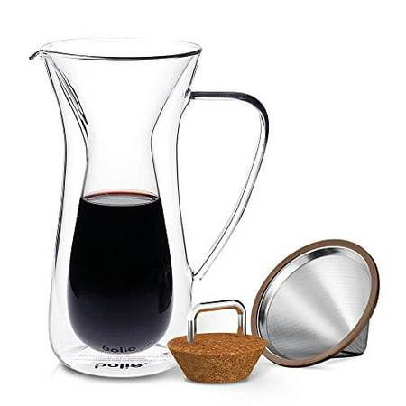 Double Wall Pour Over Coffee Maker With Stainless Steel Double Wall Cone Filter, Insulated Coffee Glass Carafe with Cork Lid, Best For Osaka Goldtone Hiware, Chemex, Hario V60 Coffee Makers By (Best Pour Over Coffee Method)