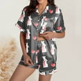 thumbnail image 2 of Yuncity Easter Pajamas Women Silk Satin Heart Shaped Rabbit Short Sleeve Button Down Shirt Shorts Pjs Loungewear Sleepwear Black Xl, 2 of 5