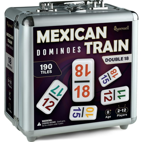 Queensell Premium Mexican Train Dominoes Set with Numbers - Double 18 Dominos Set for Adults and Kids - Game Night Fun with Wooden Hub and Aluminum Case