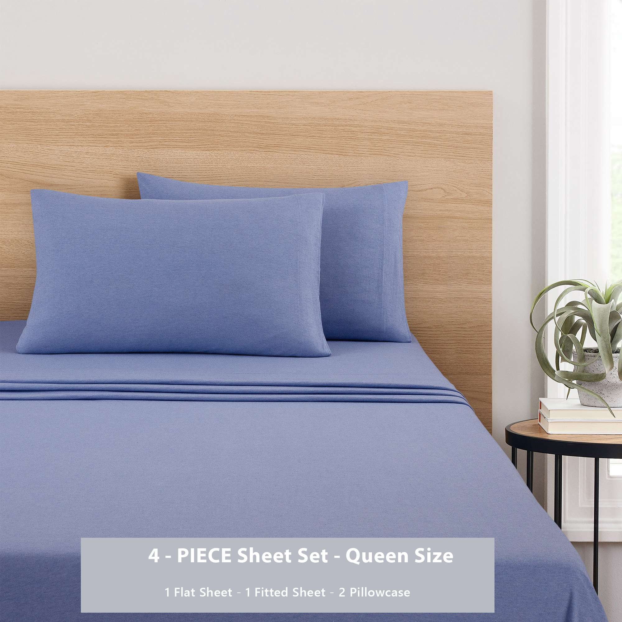 Mainstays Cotton Rich Extra Soft Jersey Bed Sheet Set, Queen, School Pale Blue, 4 Pieces