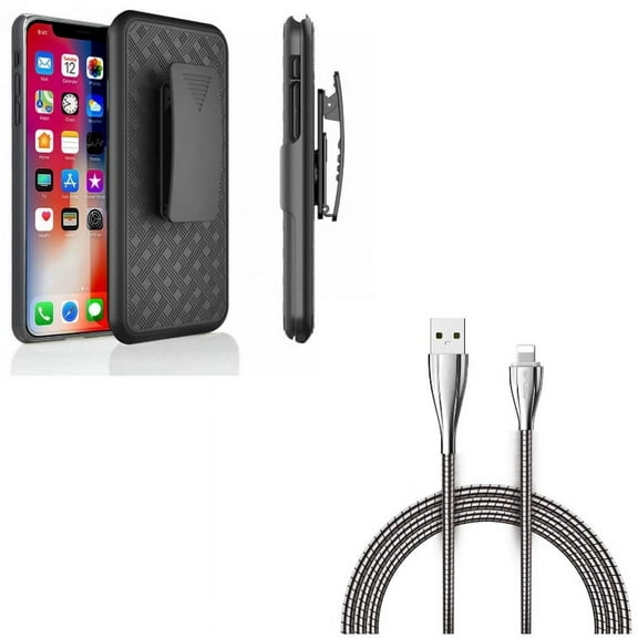 Case Belt Clip w Metal USB Cable for iPhone XR - Holster Swivel Cover Kickstand Armor, 6ft Charger Cord Power Wire Braided Compatible With iPhone XR