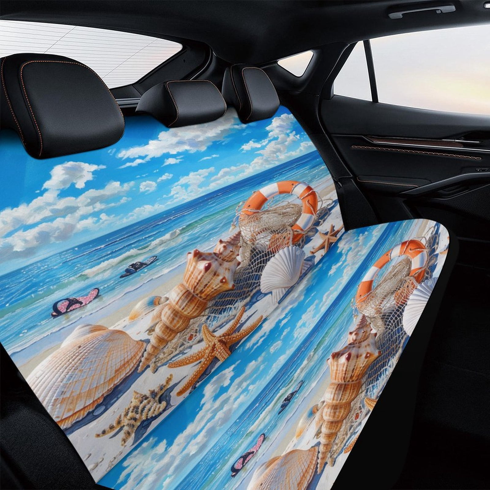 Beach Seashell Starfish Printed Universal Back Bench Car Seat Cover Pack of 2 Rear Seat Covers for for Most Cars,Trucks,SUVs Or Van