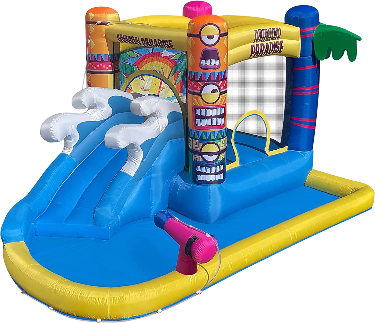 Funormous Minions Bounce House with Slide, Ball Pit & Water Cannon – Indoor/Outdoor Tropical Inflatable with GFCI Air Blower for Kids Ages 3–8