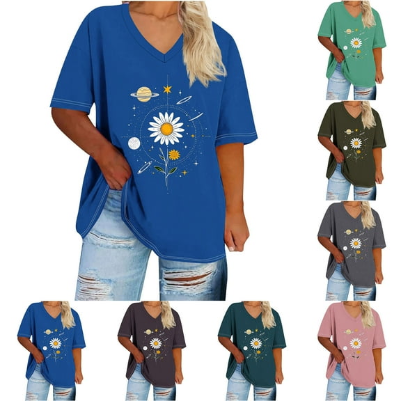 GERsome Womens Short Sleeve T-shirts Loose Fit Plus Size V Neck Summer Casual Graphic Tees, Sizes S-5XL
