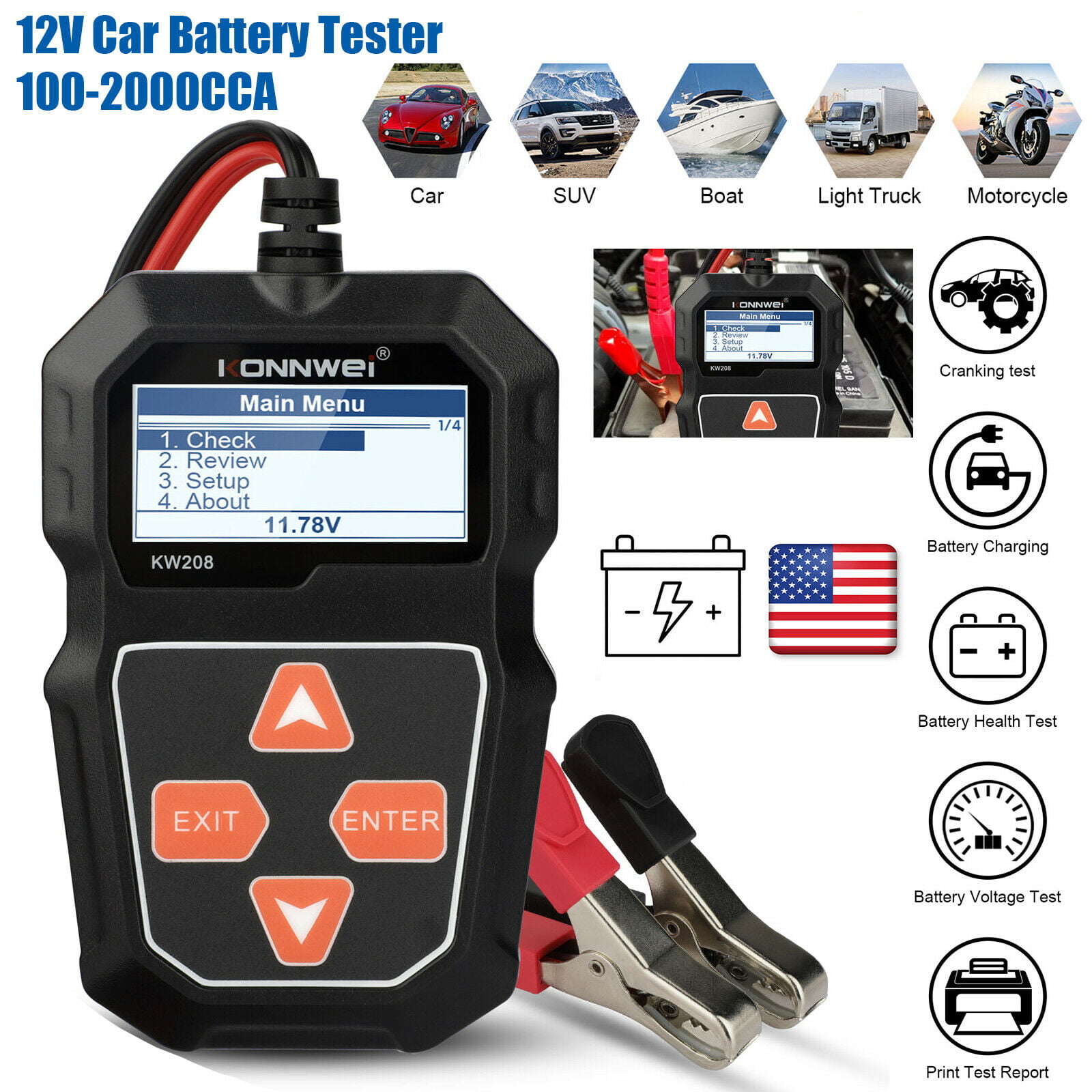 12V Automotive Car Battery Tester Charging Cranking Test Analyzer 100-2000CCA US 