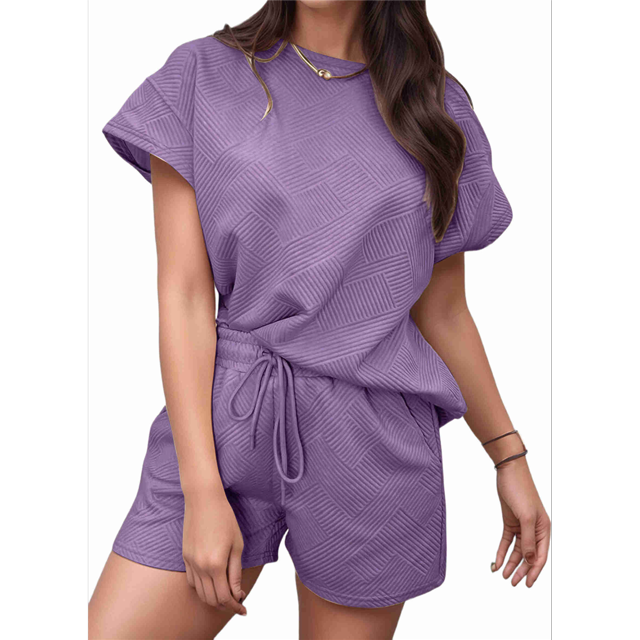 Ensemble de Survêtement pour Femme 2 Pcs, Couleur Unie, Col Rond, Tissu Texturé Décontracté, Manches Courtes, Pyjama, TTG