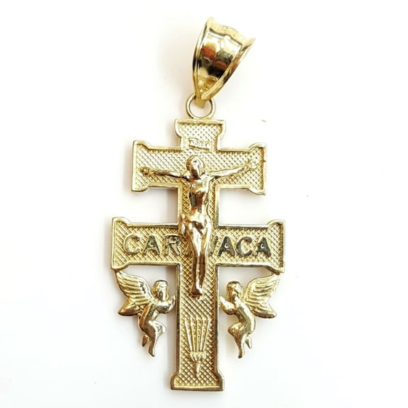 10k Yellow gold Caravaca double cross with angel crucifix Jesus pendant 3.7g