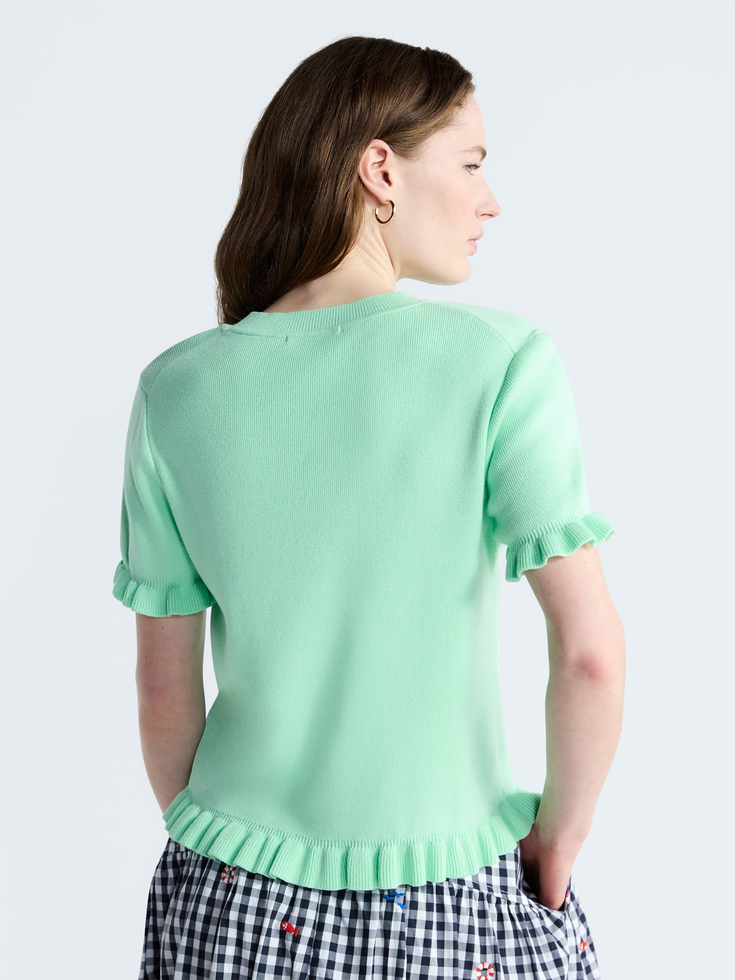 Free Assembly Women's Ruffle Trim Sweater with Short Sleeves