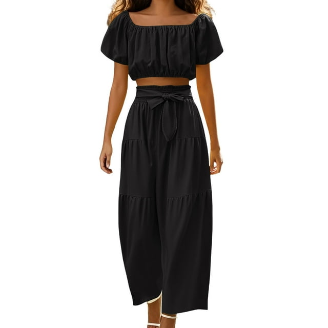 Conjunto moderno para el día: top con cuello cuadrado y mangas abullonadas y pantalones de pierna ancha - Poliéster - Ropa informal/de vacaciones