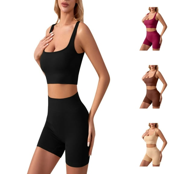 Hpapadks Work Out Sets Gym for Women 2 Piece Solid Sleeveless Ribbed Tank Tops Seamless Gym Yoga Sports Bra High Waist Shorts Workout Set Yoga Sets for Women Black L