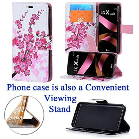 Digital Leather Case - for LG X Style Tribute HD LS676 Card Slot Pocket Wallet PU Leather Folio Flip Fold Stand X Style LS676 Case Pink Blossom