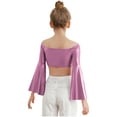 thumbnail image 2 of TTAO Kids Girls Glossy Metallic Bell Sleeve Off Shoulder Jazz Modern Dance Crop Tops Performance Shirt Dancewear Pink 8, 2 of 7