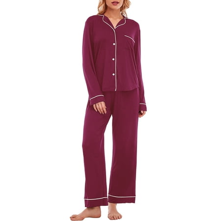 

GEX Cotton Women s Pajamas Set Button-Down Long Short Sleeve Shirt PJ Pants Two-piece Night Suit Sleepwear Loungewear