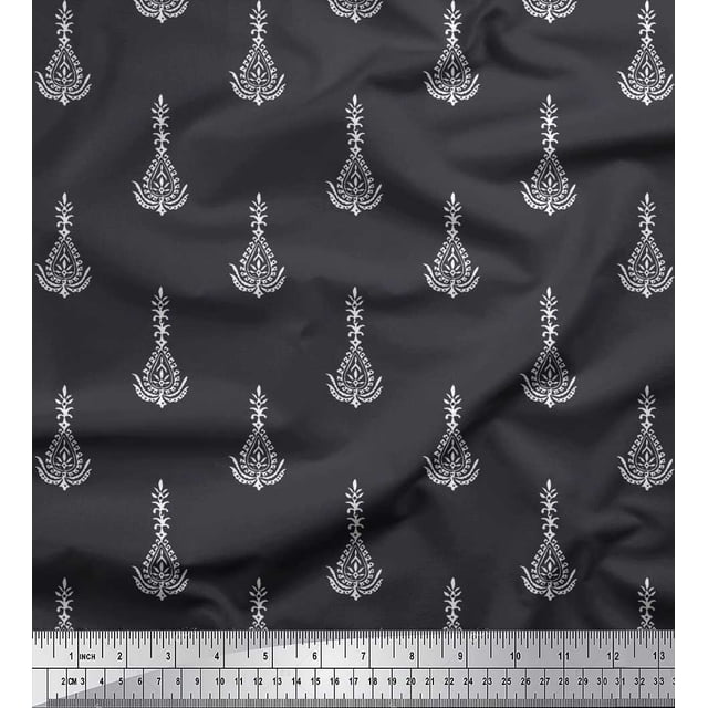 Soimoi Poly Georgette Fabric Leaves & Floral Block Printed Fabric 1 Yard 52 Inch Wide