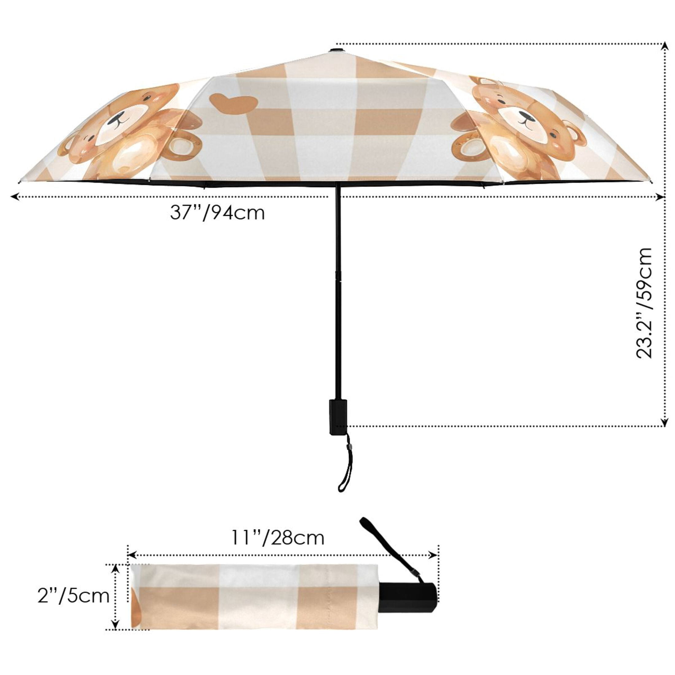 Cute Cartoon Bears with Hearts All Weather Umbrella Triple Folding Parasol 6 Ribs UV Protection Portable