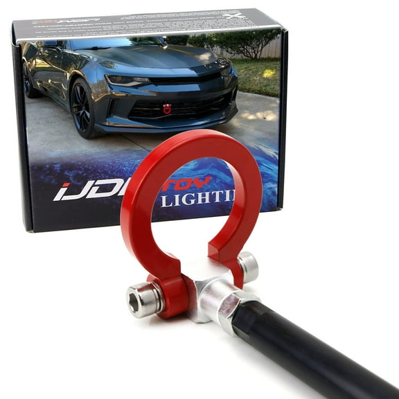 Red Track Racing Style Front Tow Hook Ring For 2016-2020 Gen6 Chevrolet Camaro, Made of Lightweight Aluminum