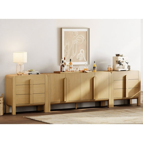 WAMPAT 126" W Modern Large Buffet Sideboard Cabinet with Storages, Buffet Table Coffee Bar Wine Bar Storage Curved Cabinet with 4 Doors for Dining Room, Living Room, Kitchen,Oak