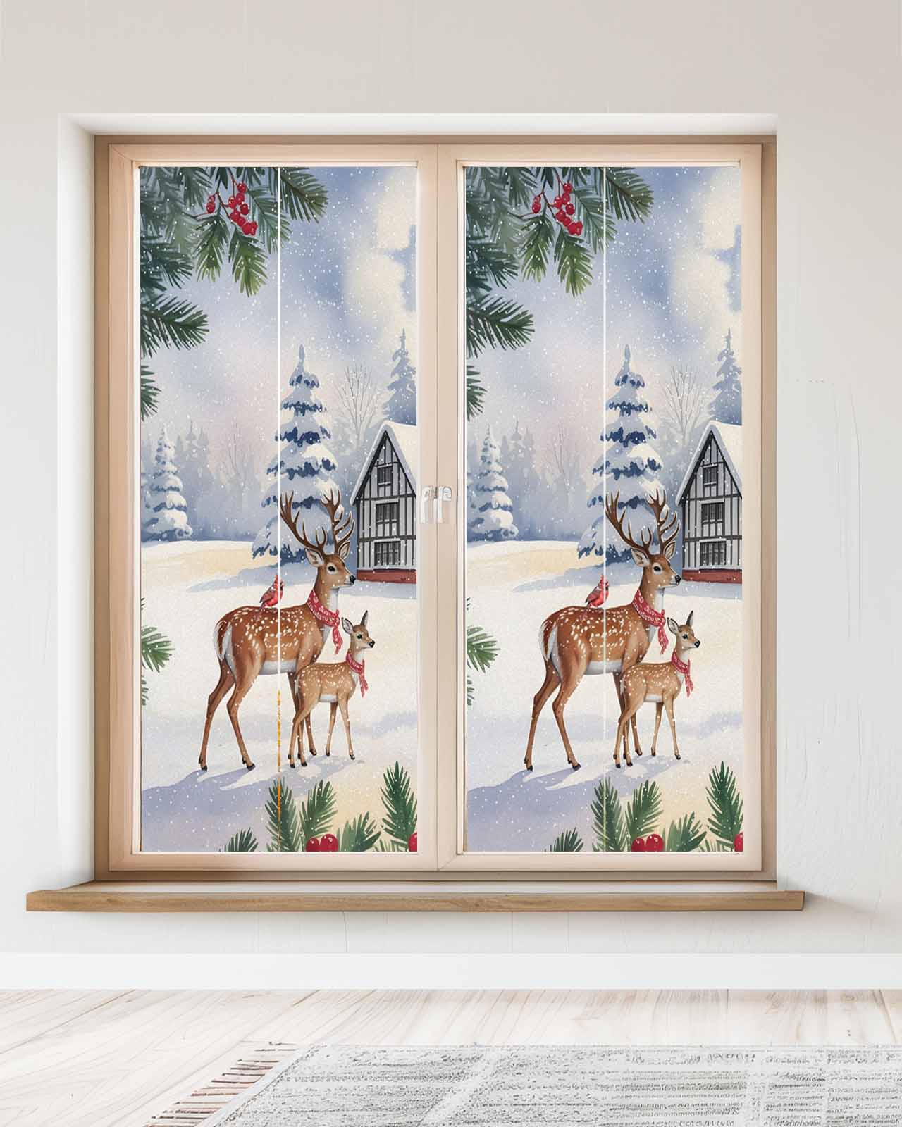 Christmas Snowfields Winter Elk Cardinal Xmas Tree Branch Window Privacy Film Stained Glass Window Film Decorative Windows Cover Static Windows Cling for Glass Door Stickers for Bathroom 23.6"x59"