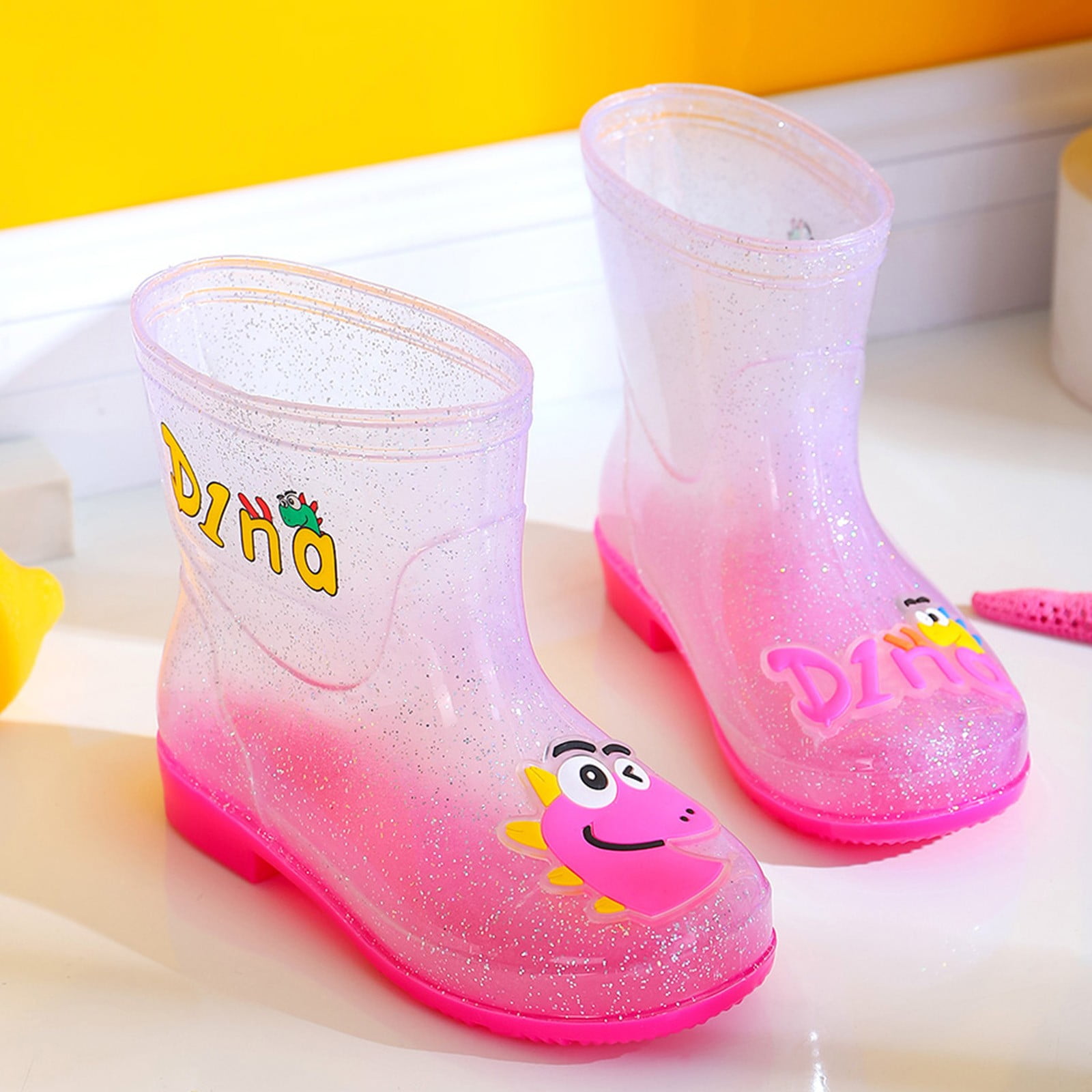 nsendm Girls Shoes Little Kid Female Tall Toddler Boots Children Shoes Cute Cartoon Mid Tube Rain Boots Fashion Transparent Practical Riding Boots