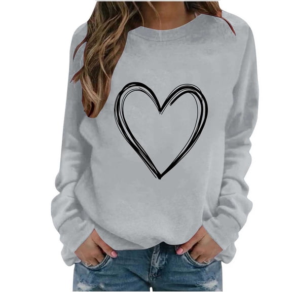 GUZOM Womens Casual Gray Sweatshirt, Valentine's Day Heart Graphic Crewneck Long Sleeve Relaxed Fit 100% Polyester Pullover,Size L
